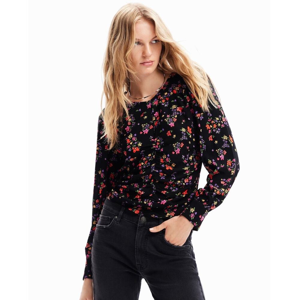 Desigual Ditzy Floral Slim Fit Peter Pretty Trendy Long Sleeve Blouse Size Small